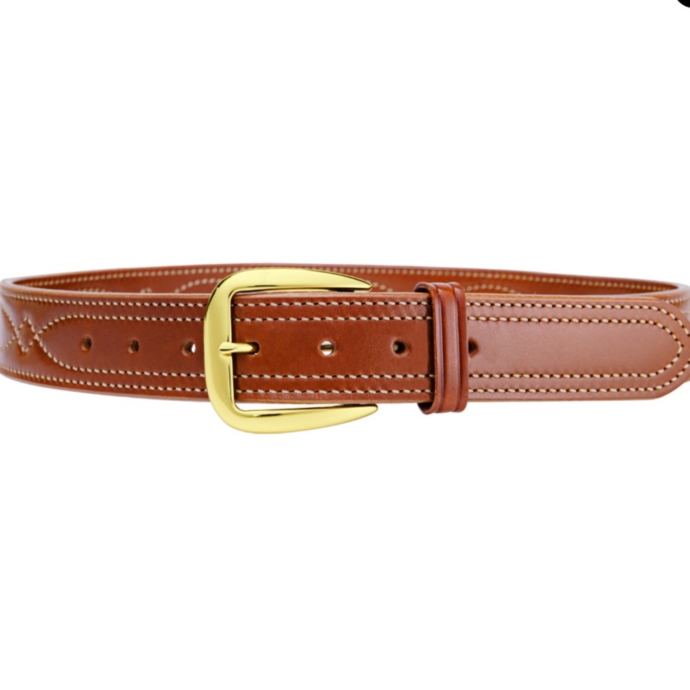 Galco Fancy Stitch Tan Leather Belt with Gold Buckle - New, Never Worn